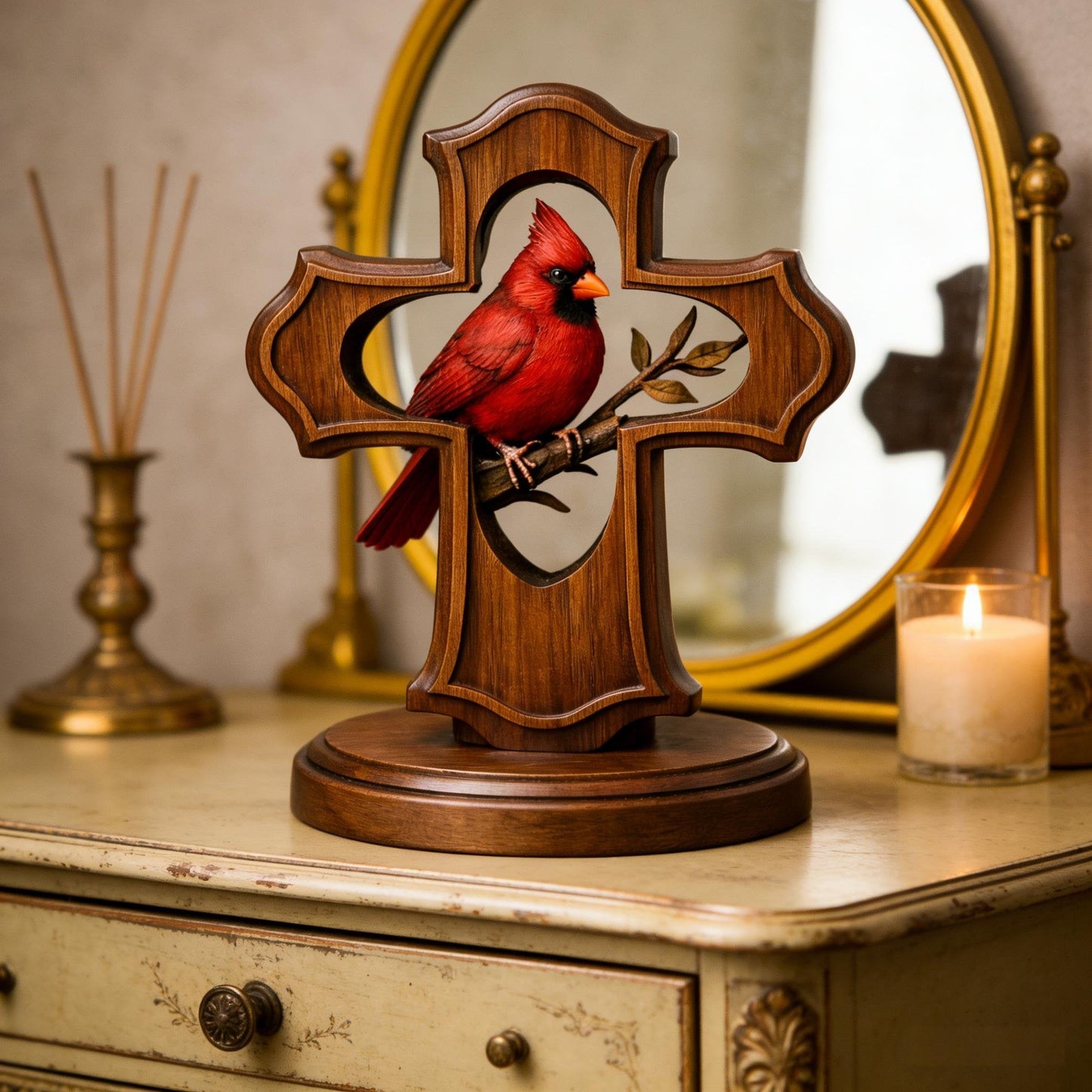 ❤️✝️Handcrafted Cardinal Cross Ornament