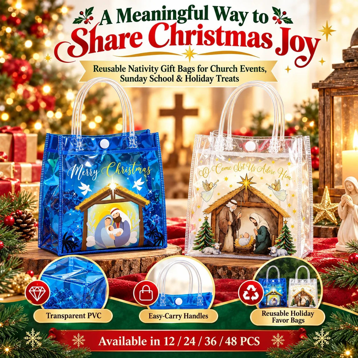 🎄✝️ Christmas Nativity Gift Bags – Reusable Christian Treat Bags with Handles