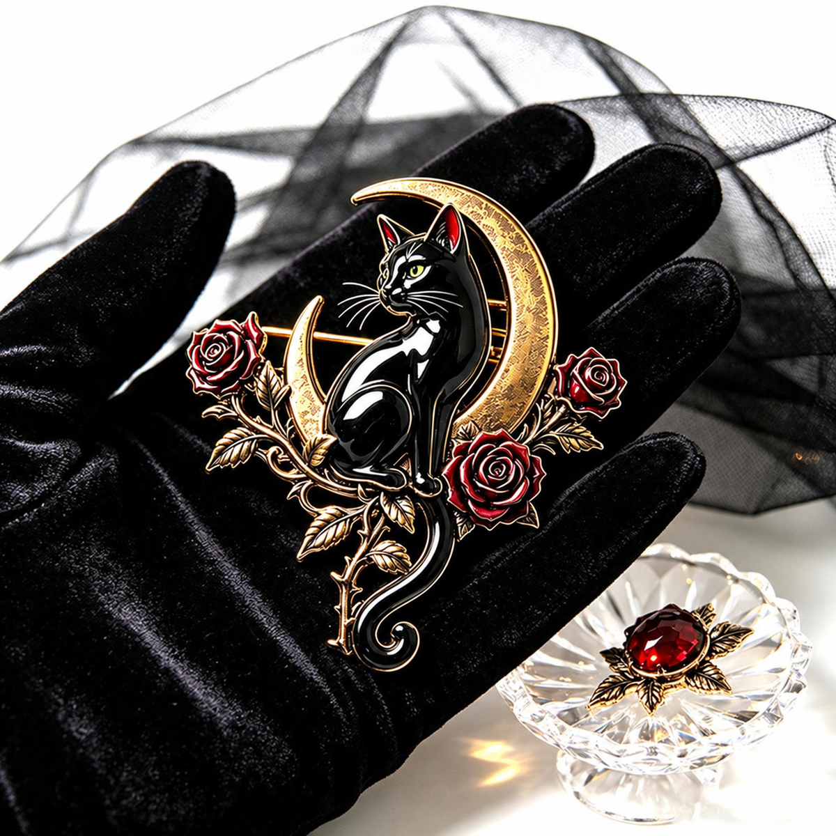 🖤🌙Black Cat & Crescent Moon Rose Brooch🐈⬛🌹