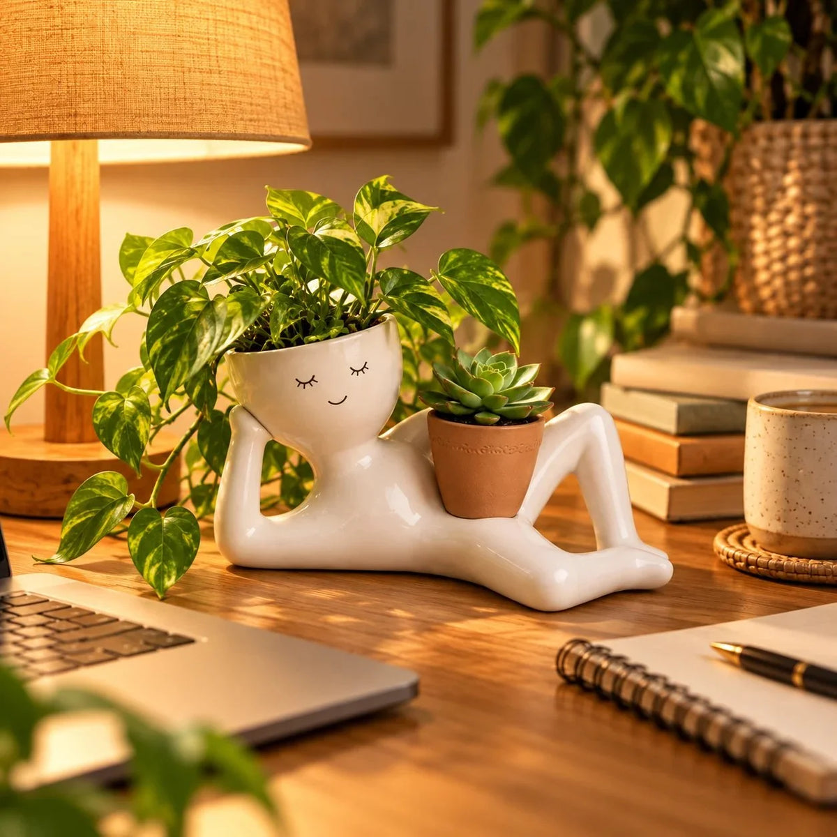 😴 The Lazy Lounger Ceramic Planter | The Desk Buddy Your Plants Deserve 🌿