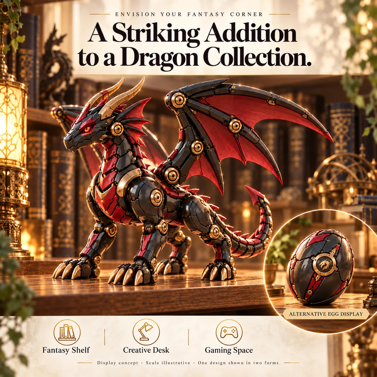 🔥🔥last Day 49% Off -🐉 Mechanical Dragon Egg – Black & Crimson Dragon With Folding Wings & Armored Details