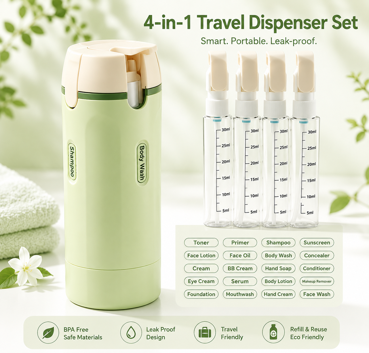 ✈️Travel Sized 4-in-1 Portable Storage Bottle: Your All-in-One Travel Solution
