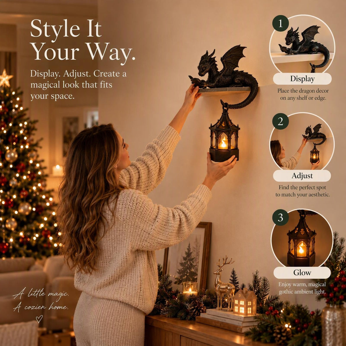 🐉Reading Dragon Shelf Decor with LED Lantern