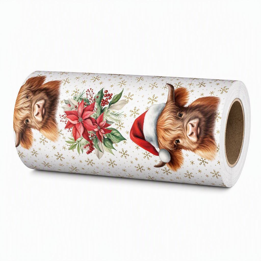 Christmas Highland Cow and Floral Gift Wrapping Paper Roll 17*200in(43x500cm) Holiday Present Wrap