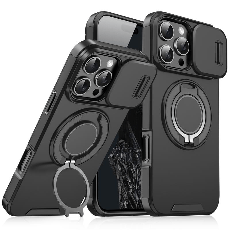 Case with Slide Camera Cover & Rotatable Ring Kickstand,  Grade Shockproof Protective Case for iPhone 11/12/13/14/15/16/17 Series