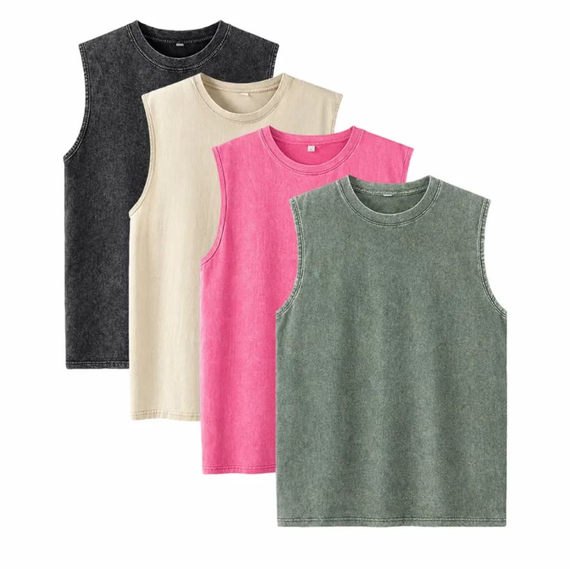 ⚡ Hot Sales  🔥 4-Pack Men's Washed Sleeveless Vest – Heavyweight Cotton, Acid Wash, Oversized Gym & Streetwear