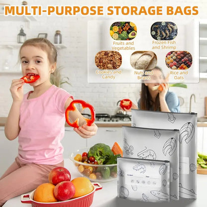 🎁🔥10-Pack Reusable Foil Vacuum Zipper Sealable Storage Bags Labelled Fridge Order Relief