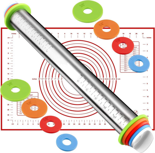 Dailyardtool® Adjustable Stainless Steel Rolling Pin with Thickness Rings