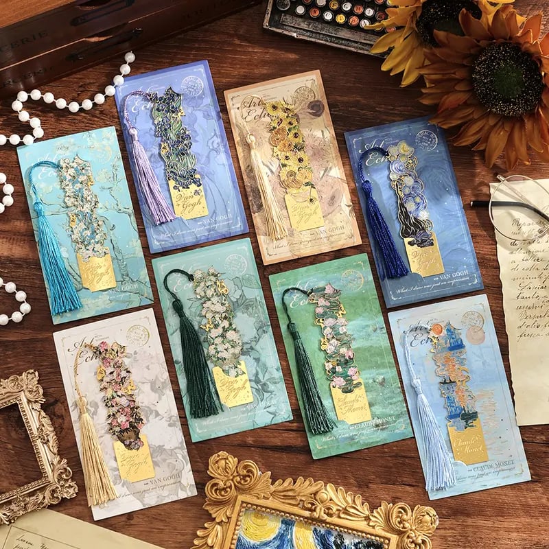 📚✨ 8-Piece Gold Metal Bookmark Set with Tassel – Van Gogh & Monet Inspired Gift for Book Lovers 🎨
