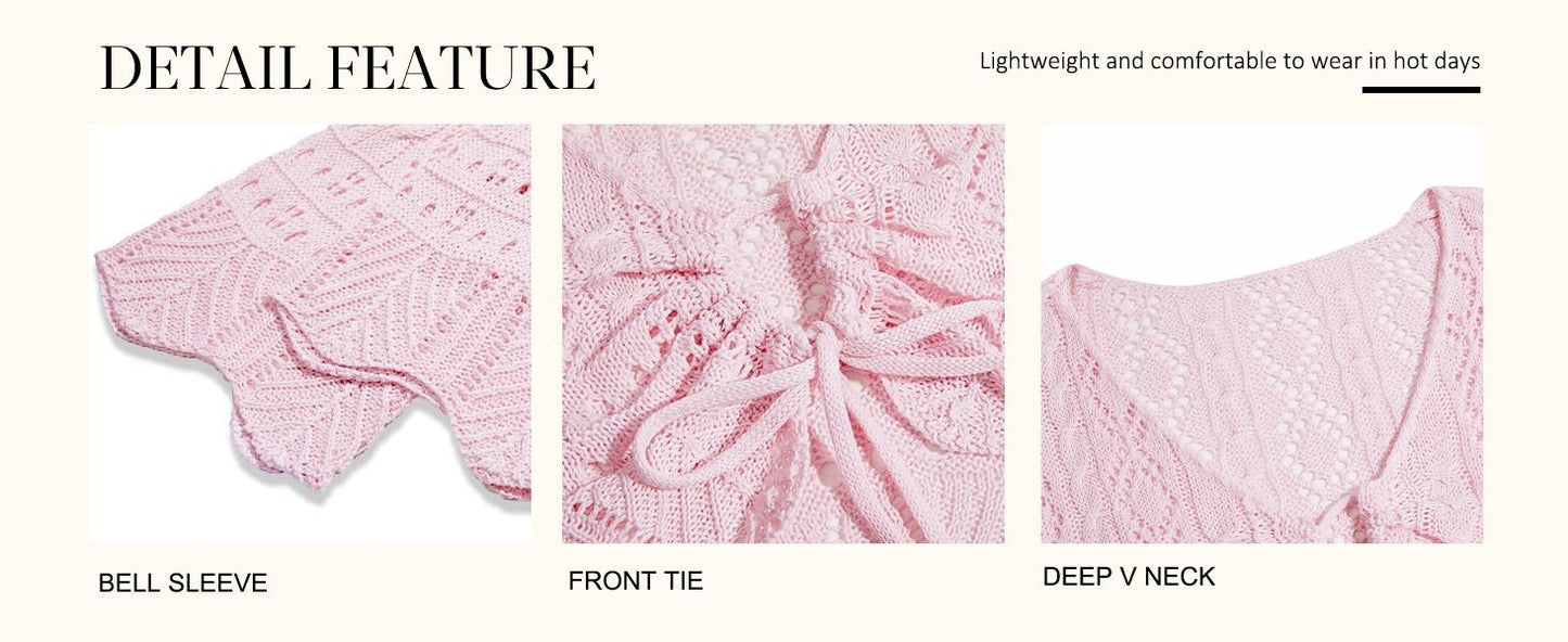 🌼 Hollow Out Drawstring Flare Sleeve Cropped Top-Women Minimalist Knit Sweater🪡