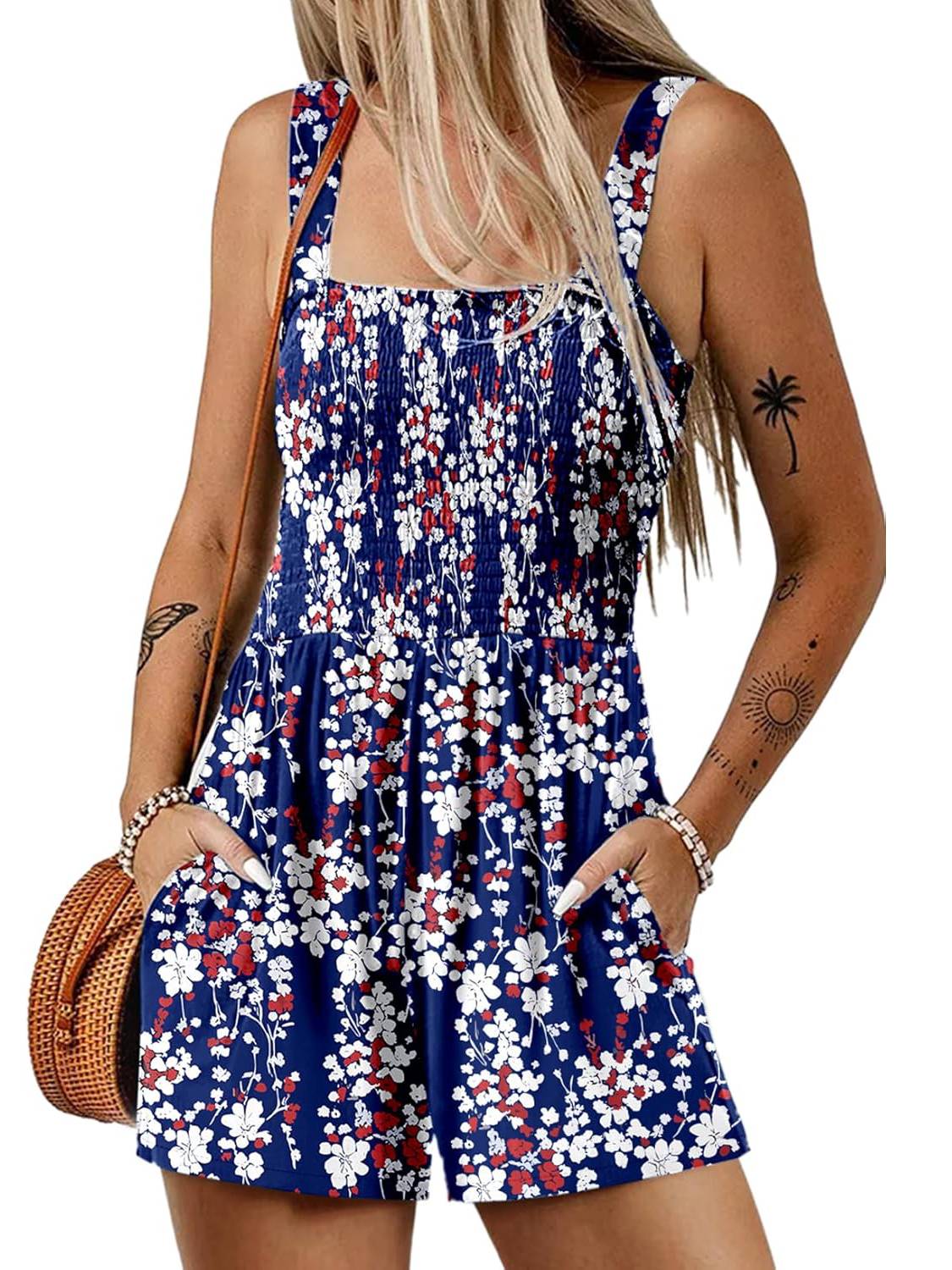 ⏰Hot Sale 49% OFF💃Women's Summer Square Neck Sleeveless Loose Casual Short Smocked Romper