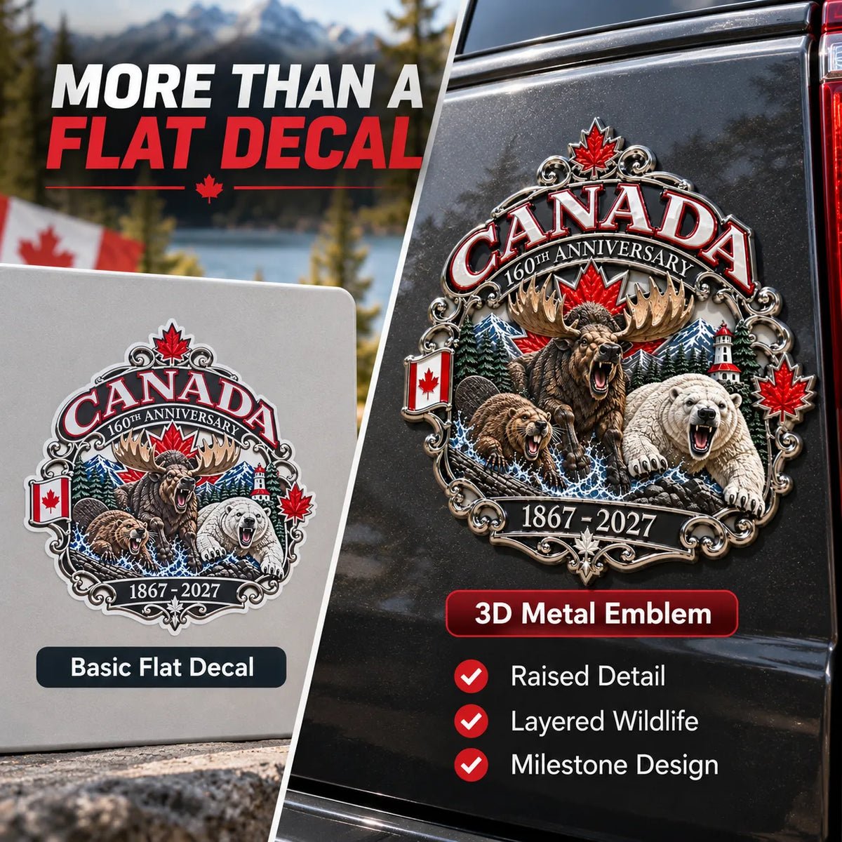 ⏳ Limited-Time 49% OFF – 🍁 Canada 160th Anniversary 3D Car Emblem | 8-Inch Metal Wildlife Badge, 1867–2027 🇨🇦