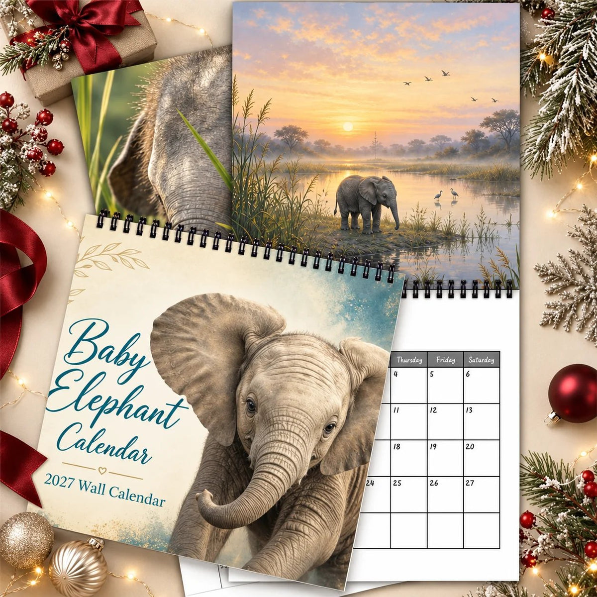 🐘Baby Elephant 2027 Wall Calendar – Cute Baby Elephant Art Calendar, Gift for Wildlife Animal Lovers
