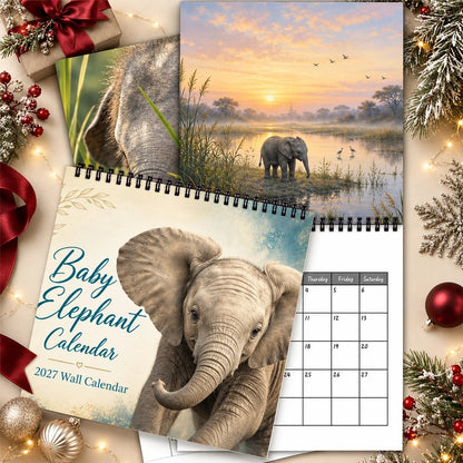 🐘Baby Elephant 2027 Wall Calendar – Cute Baby Elephant Art Calendar, Gift for Wildlife Animal Lovers