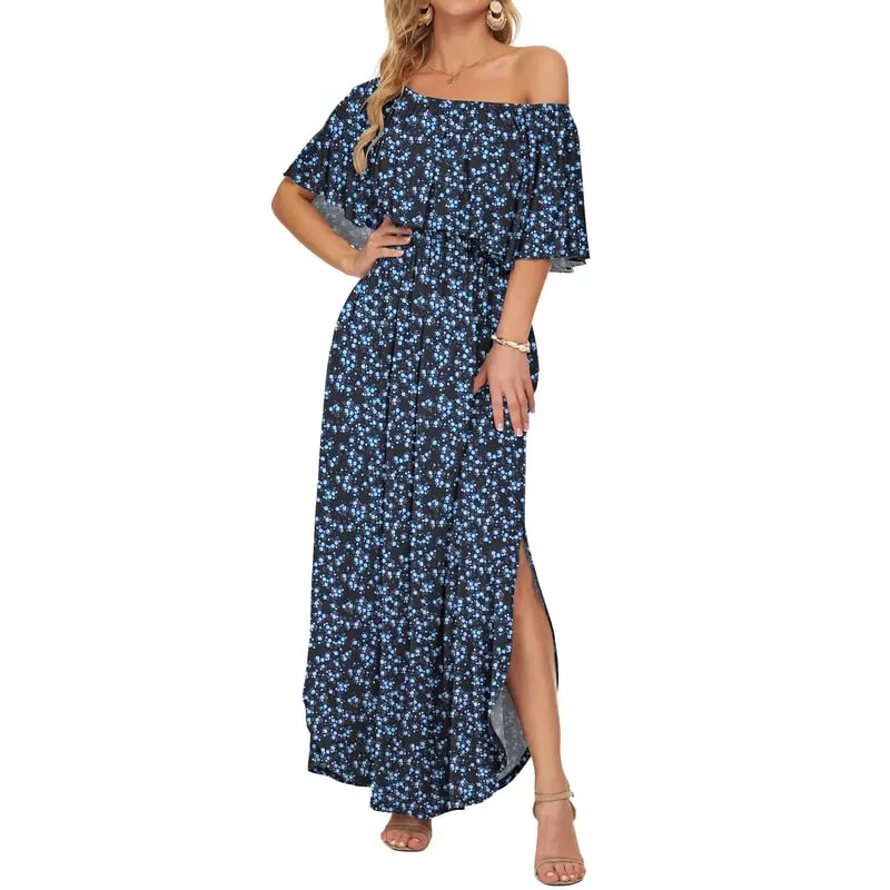 Women's Off The Shoulder Dress Wedding Guest Dress Summer Casual Long Ruffle Party Side Split Beach Maxi Dresses with Pockets