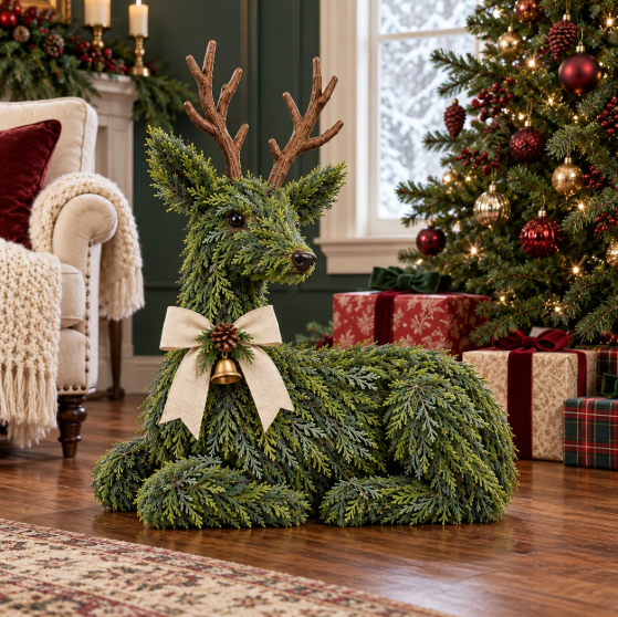 Christmas Evergreen Reindeer Decoration – Rustic Woodland Deer Figurine With Bow & Bell