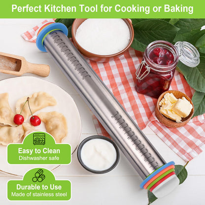 Dailyardtool® Adjustable Stainless Steel Rolling Pin with Thickness Rings