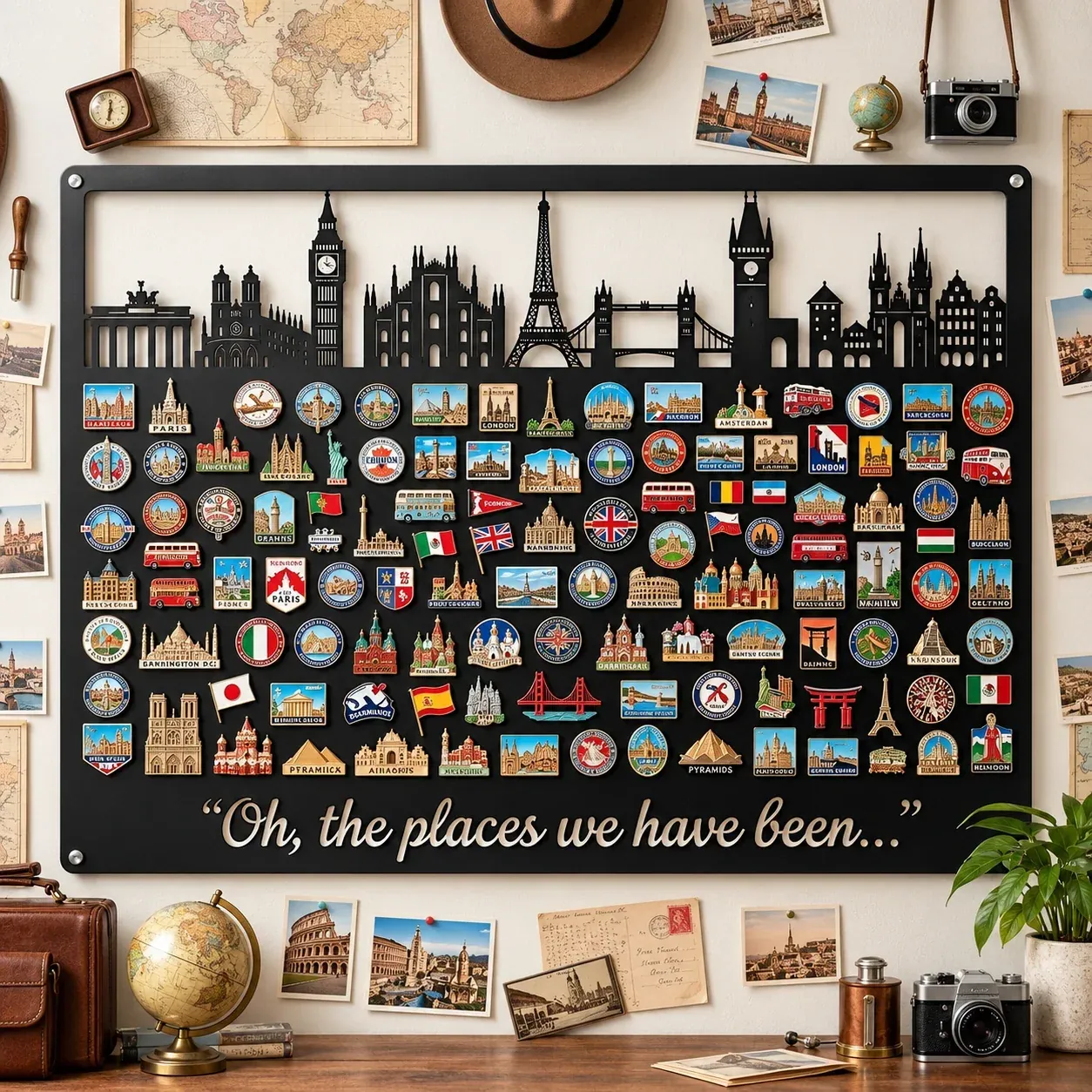 Travel magnet display board holding souvenir magnets on a wall