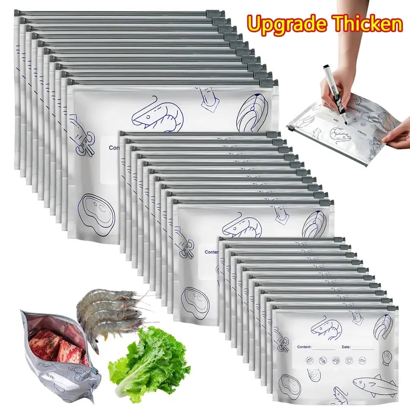 🎁🔥10-Pack Reusable Foil Vacuum Zipper Sealable Storage Bags Labelled Fridge Order Relief