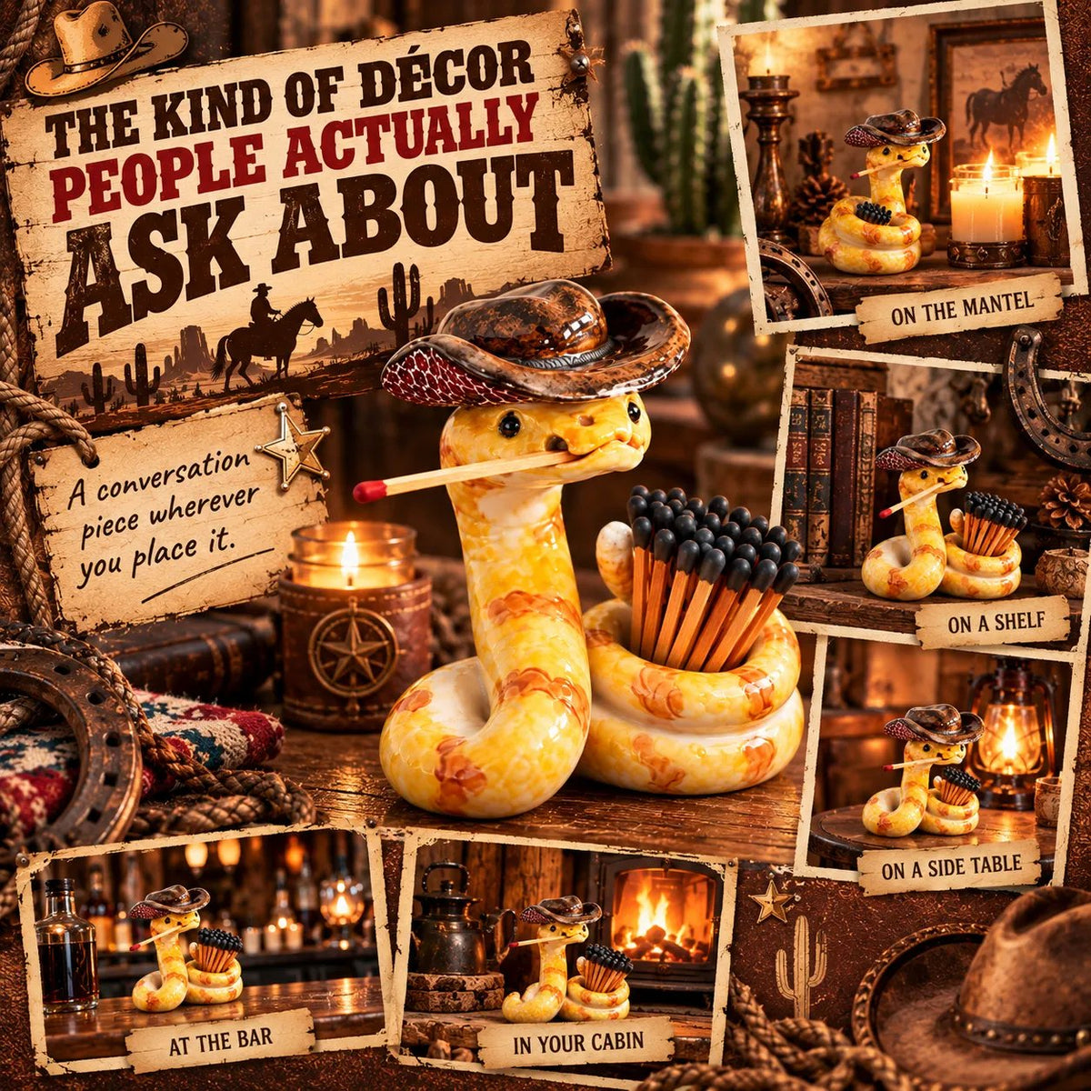 ⏳ Last Day 49% OFF – 🤠 The Cowboy Rattler Match Holder | Funny Western Snake Décor for Cabins, Mantels & Bars 🐍