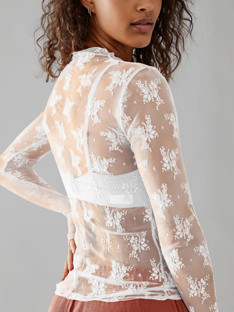 😍Women's Floral Lace Thumb Hole Sheer Tee