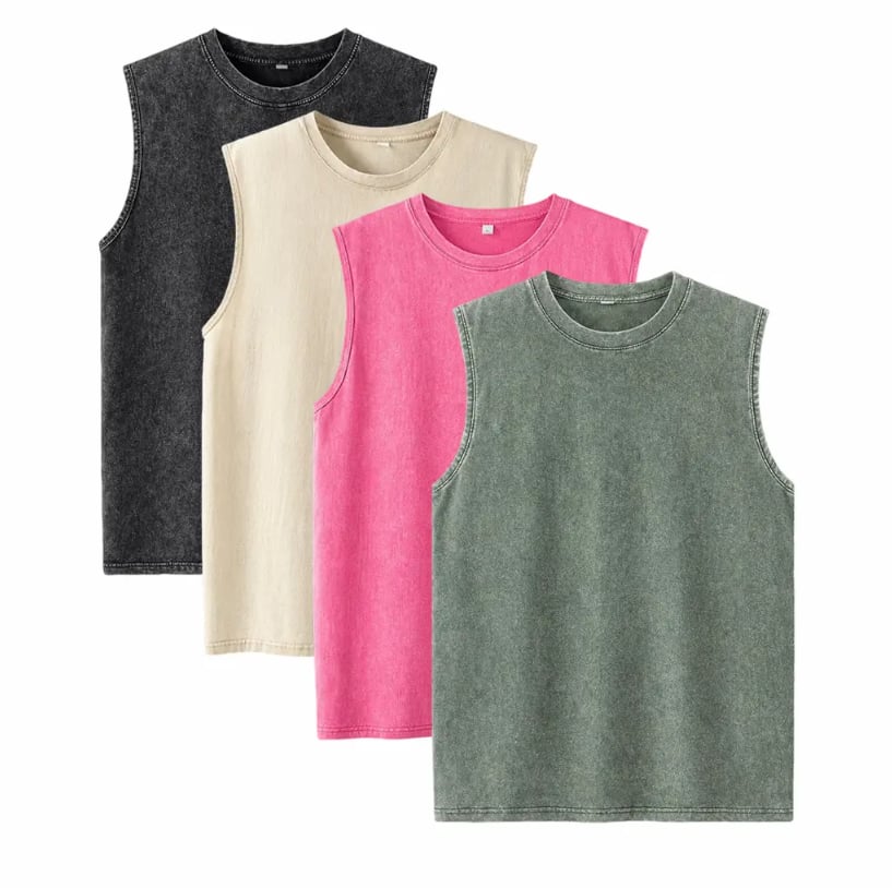 ⚡ Hot Sales  🔥 4-Pack Men's Washed Sleeveless Vest – Heavyweight Cotton, Acid Wash, Oversized Gym & Streetwear