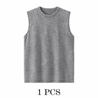 ⚡ Hot Sales  🔥 4-Pack Men's Washed Sleeveless Vest – Heavyweight Cotton, Acid Wash, Oversized Gym & Streetwear