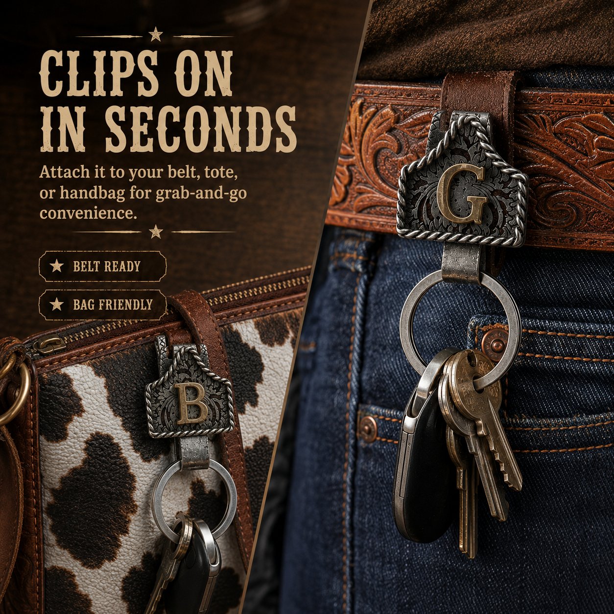 Handmade Cow Tag Belt Key Holder
