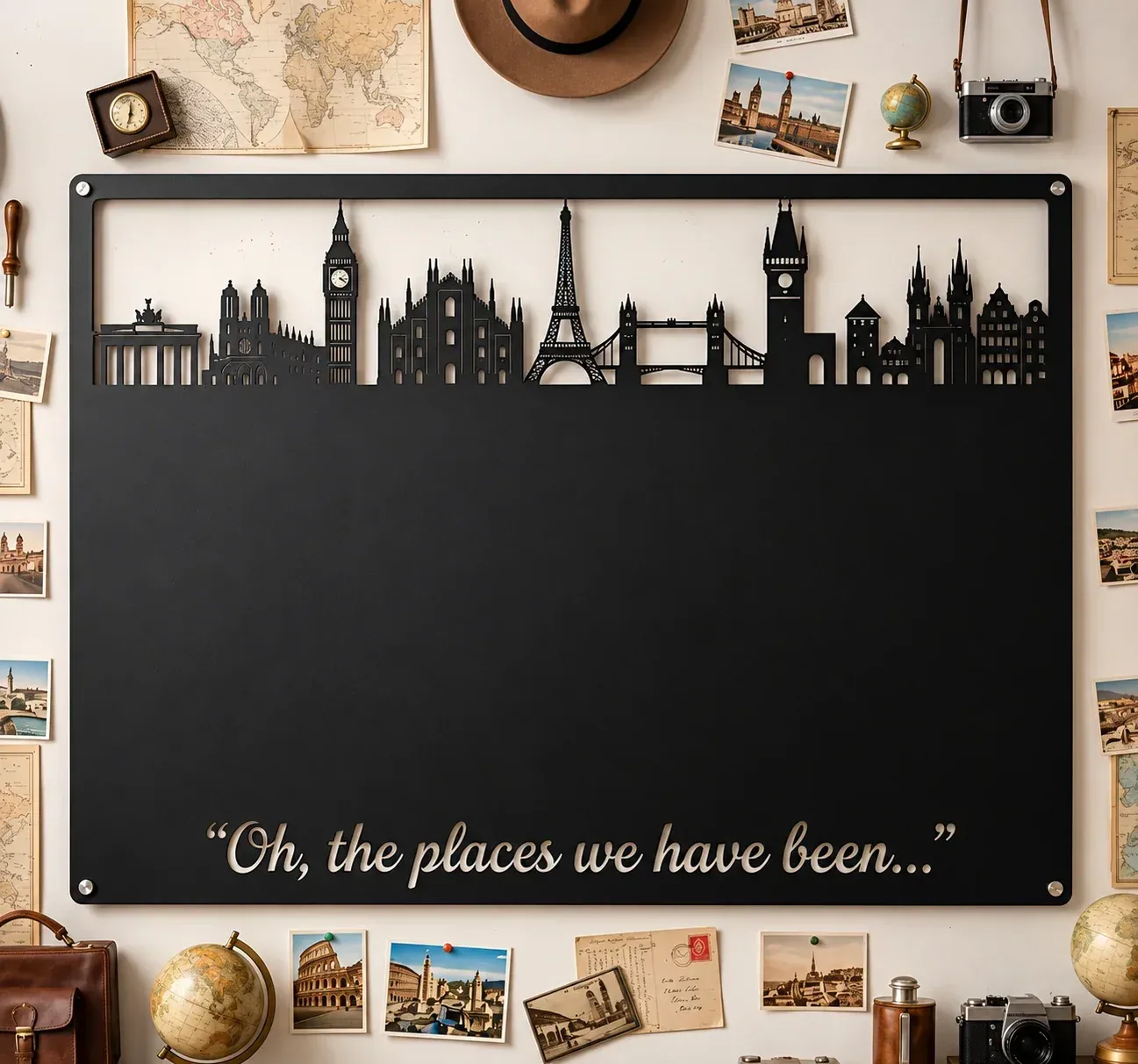 Empty travel magnet display board featuring international landmark silhouettes