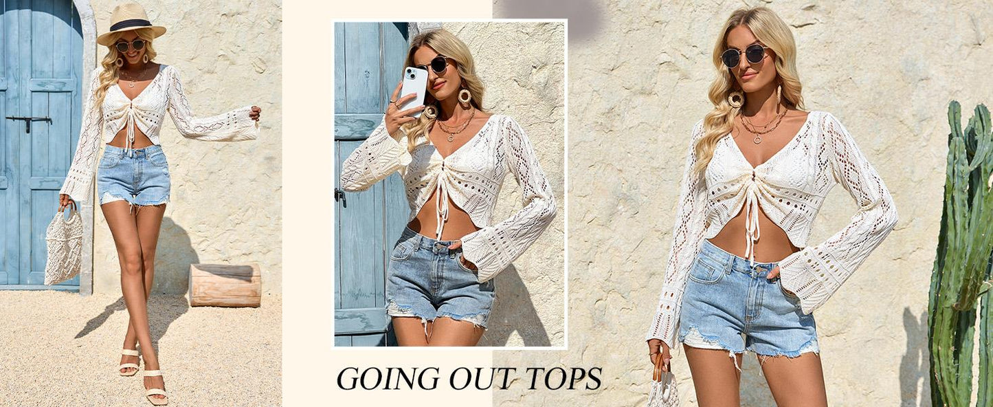 🌼 Hollow Out Drawstring Flare Sleeve Cropped Top-Women Minimalist Knit Sweater🪡