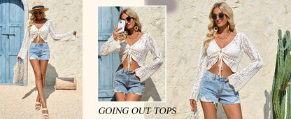 🌼 Hollow Out Drawstring Flare Sleeve Cropped Top-Women Minimalist Knit Sweater🪡