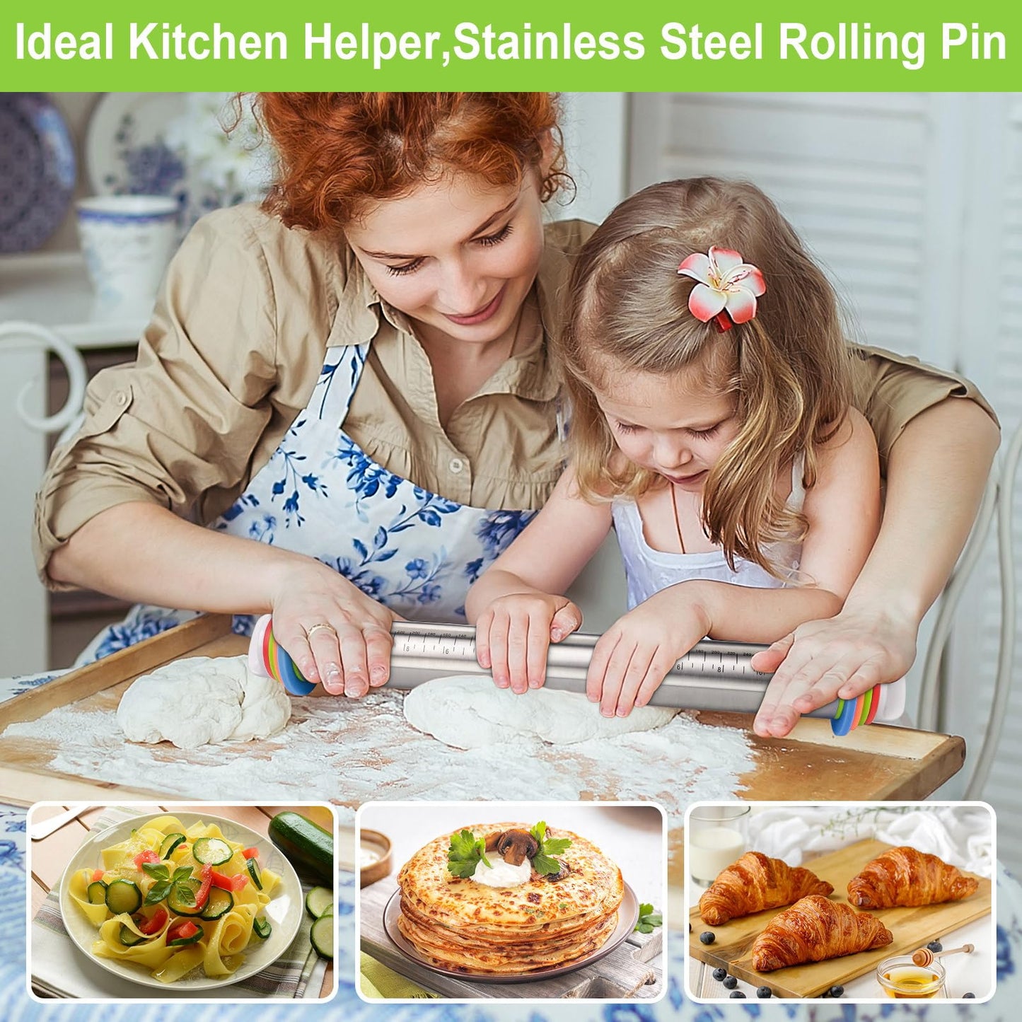 Dailyardtool® Adjustable Stainless Steel Rolling Pin with Thickness Rings
