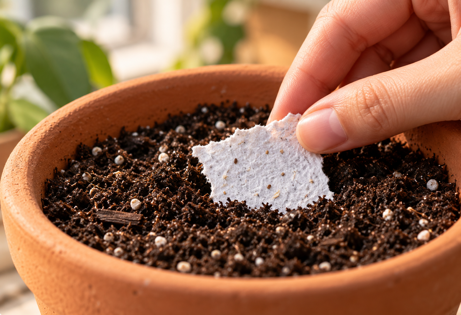 Plant seed paper in soil