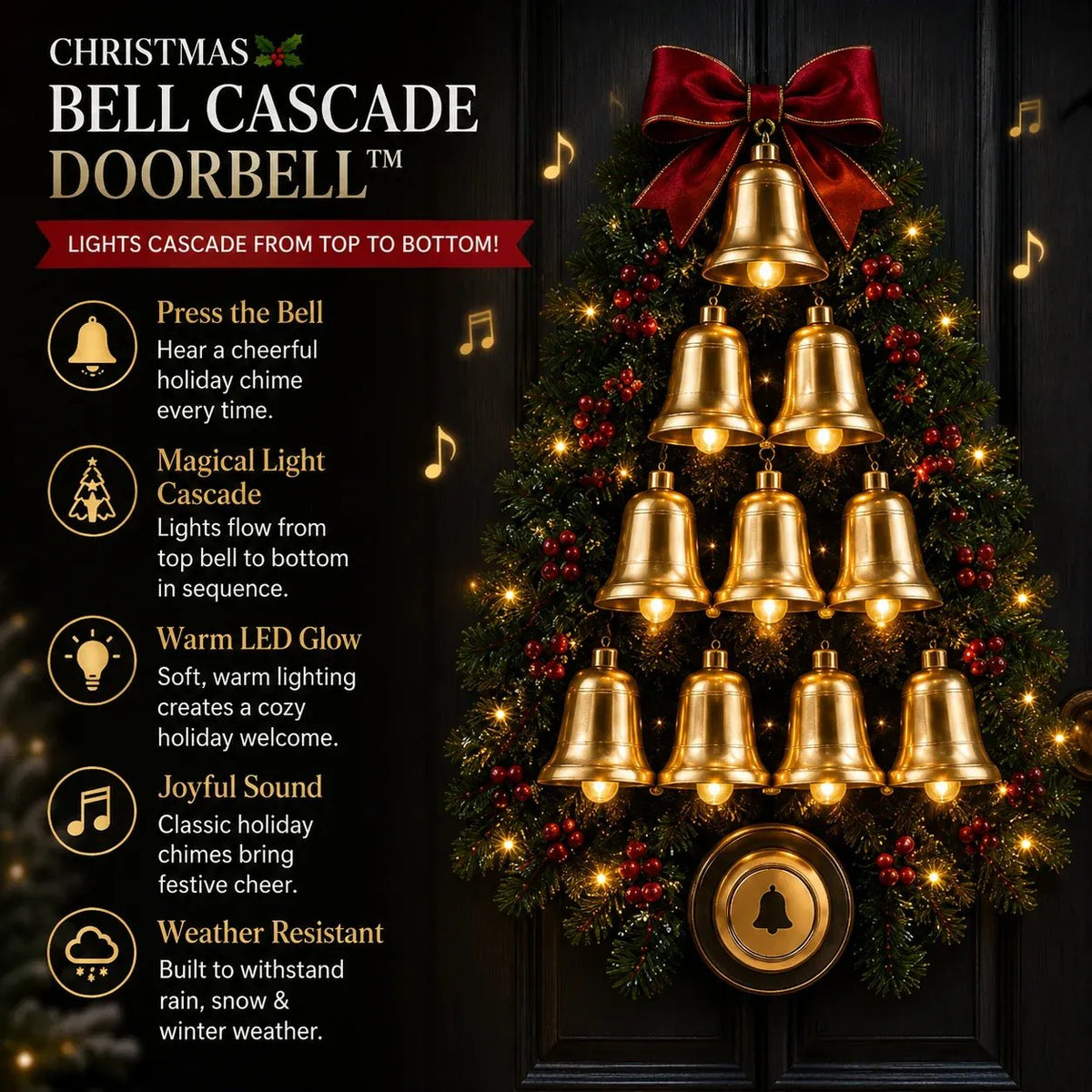 🔥😍🔔 Christmas Bell Cascade Doorbell– Light-Up Holiday Chime Door Decor 🎄