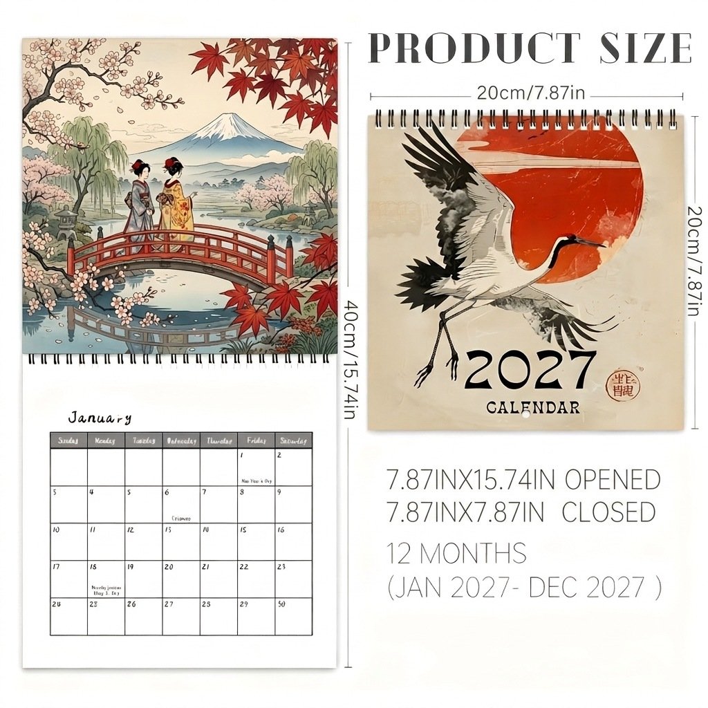 🎎 2027 Japanese Style Wall Calendar, Spiral Monthly Planner Decor
