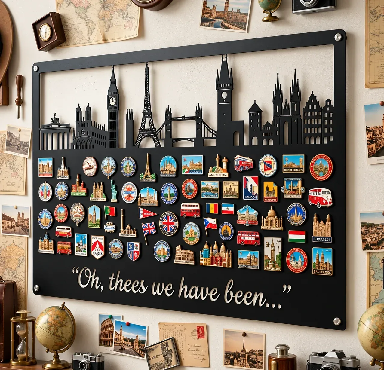 World travel magnet display board with colorful destination magnets