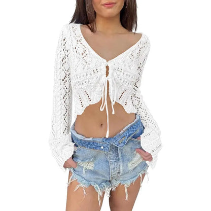 🌼 Hollow Out Drawstring Flare Sleeve Cropped Top-Women Minimalist Knit Sweater🪡