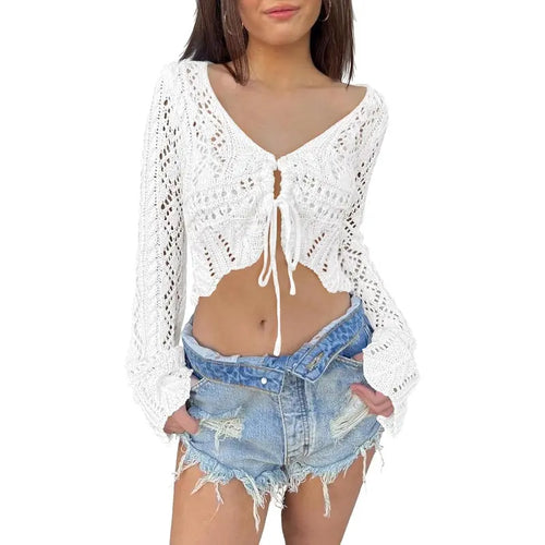 🌼 Hollow Out Drawstring Flare Sleeve Cropped Top-Women Minimalist Knit Sweater🪡