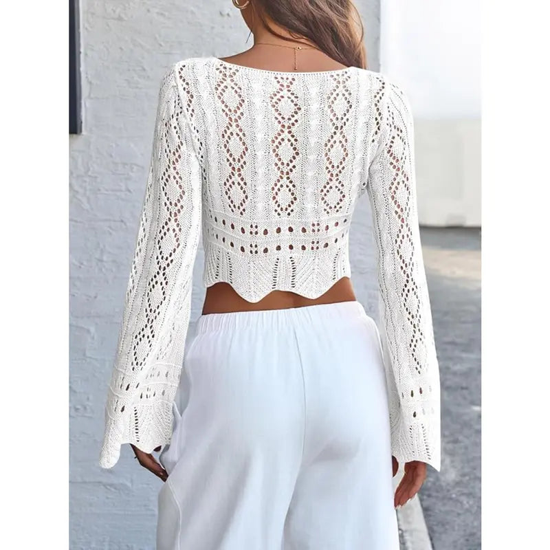 🌼 Hollow Out Drawstring Flare Sleeve Cropped Top-Women Minimalist Knit Sweater🪡