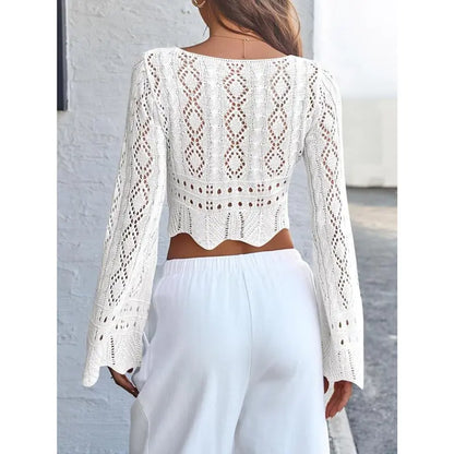 🌼 Hollow Out Drawstring Flare Sleeve Cropped Top-Women Minimalist Knit Sweater🪡