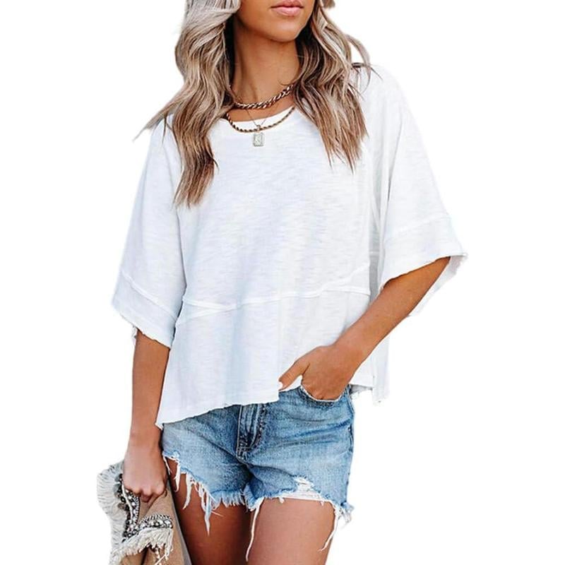 Women's Summer Casual Crewneck Batwing Half Sleeve T-Shirts Solid Color Loose Fit Cute Basic Flowy Tops Tees Blouses