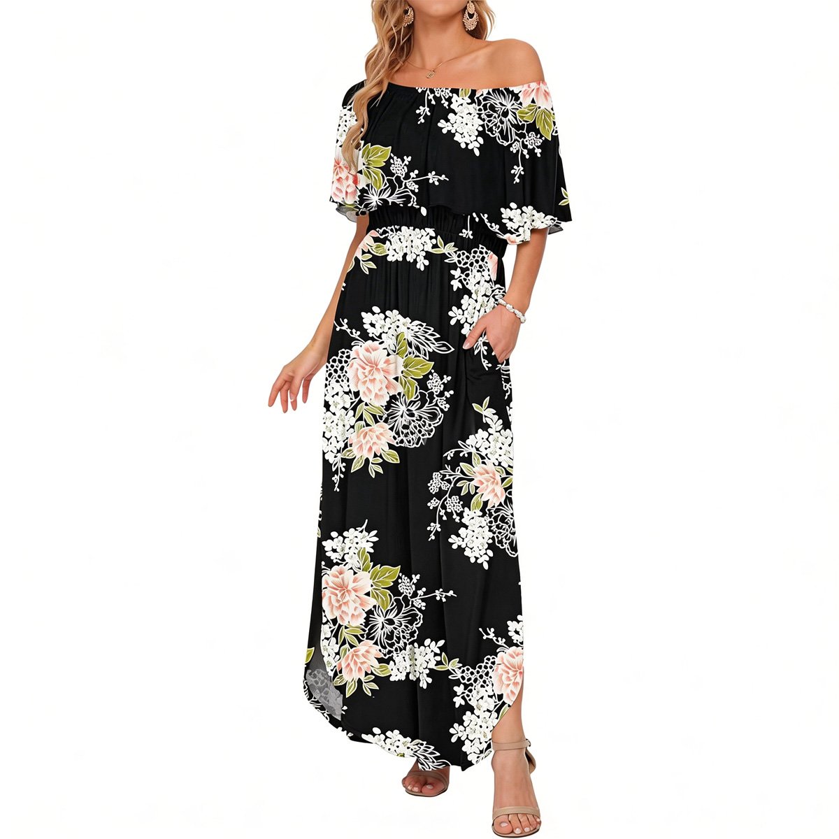 Women's Off The Shoulder Dress Wedding Guest Dress Summer Casual Long Ruffle Party Side Split Beach Maxi Dresses with Pockets