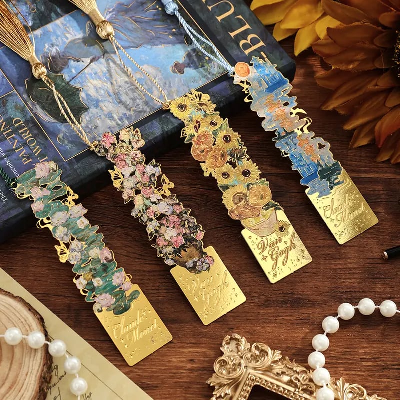 📚✨ 8-Piece Gold Metal Bookmark Set with Tassel – Van Gogh & Monet Inspired Gift for Book Lovers 🎨