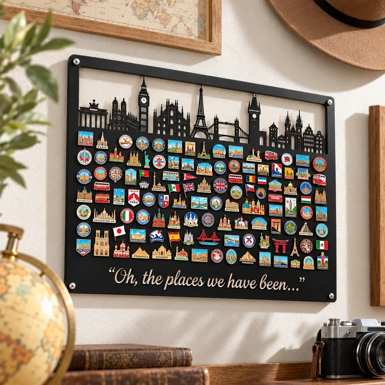 Travel souvenir magnet board in a cozy room
