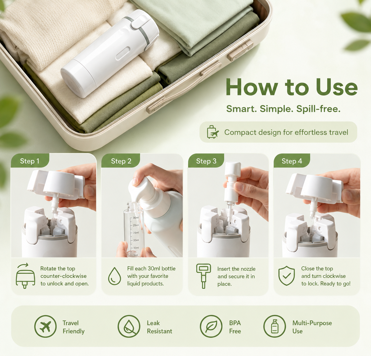 ✈️Travel Sized 4-in-1 Portable Storage Bottle: Your All-in-One Travel Solution