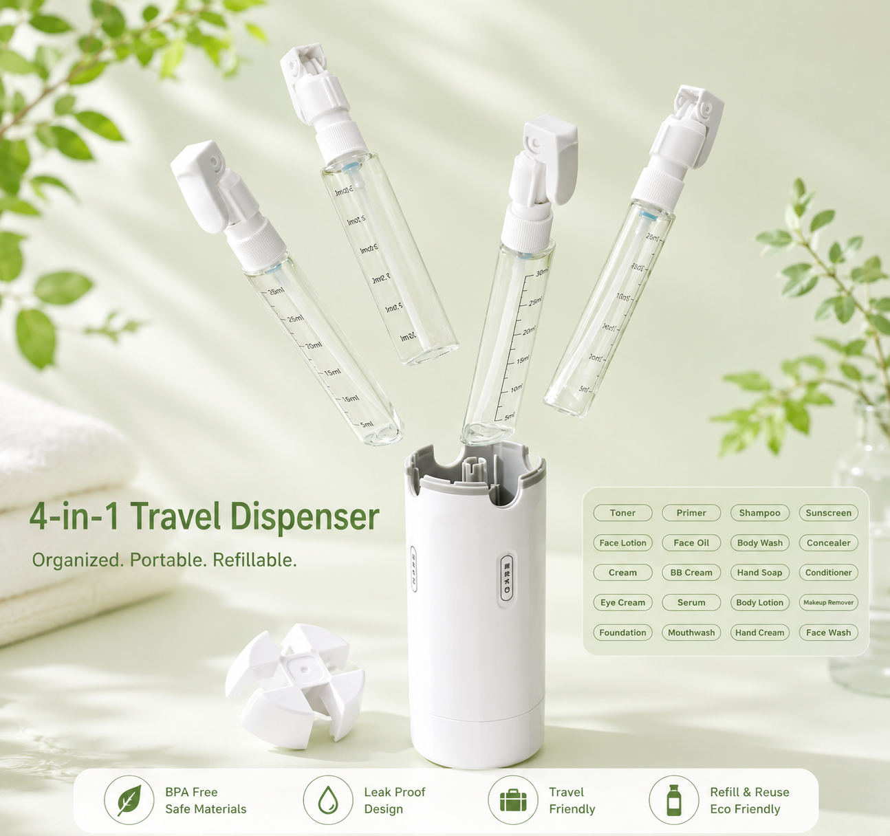 ✈️Travel Sized 4-in-1 Portable Storage Bottle: Your All-in-One Travel Solution