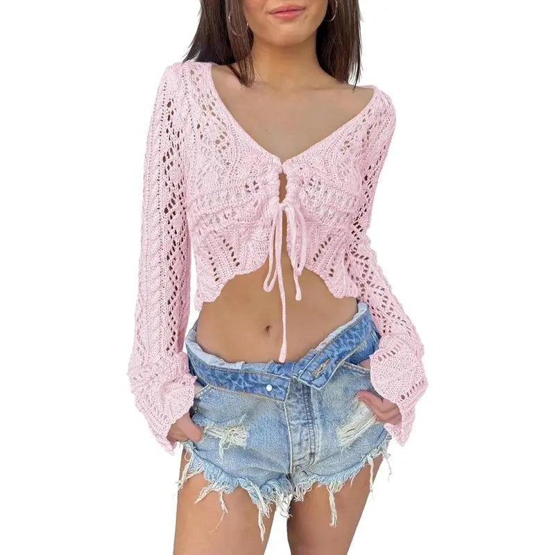 🌼 Hollow Out Drawstring Flare Sleeve Cropped Top-Women Minimalist Knit Sweater🪡