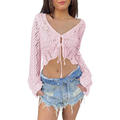 🌼 Hollow Out Drawstring Flare Sleeve Cropped Top-Women Minimalist Knit Sweater🪡