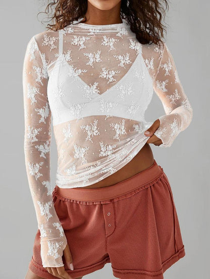 😍Women's Floral Lace Thumb Hole Sheer Tee