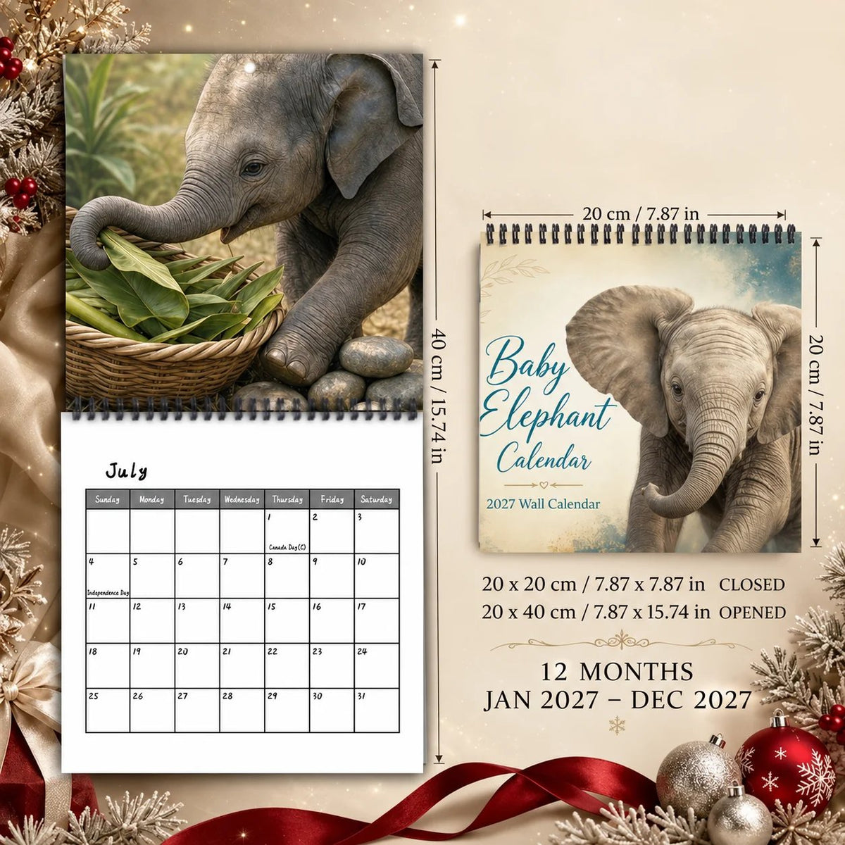 🐘Baby Elephant 2027 Wall Calendar – Cute Baby Elephant Art Calendar, Gift for Wildlife Animal Lovers